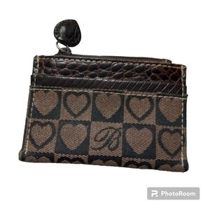 Brighton Signature Heart Fabric Brown and Tan Leather Zip Coin Purse/ Card Holde